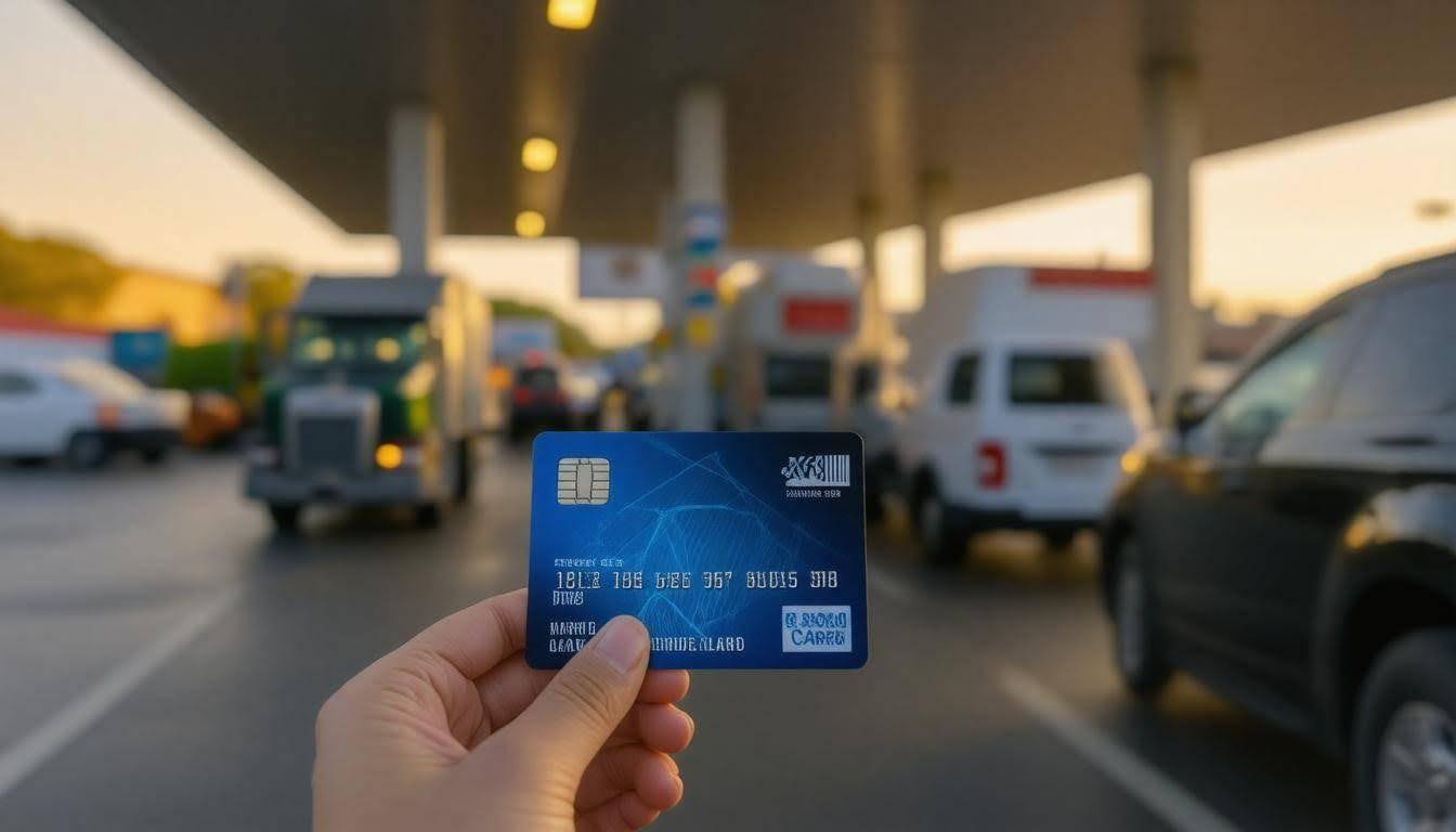 Image of a driver using a fleet fuel card at a gas station pump, demonstrating convenience, efficiency, purchase security, fraud alerts, and payment solutions for businesses managing vehicles, fleets, expenses, and fuel costs, featuring access to fuel card programs like WEX, Shell, and others, with telematics and reporting tools.